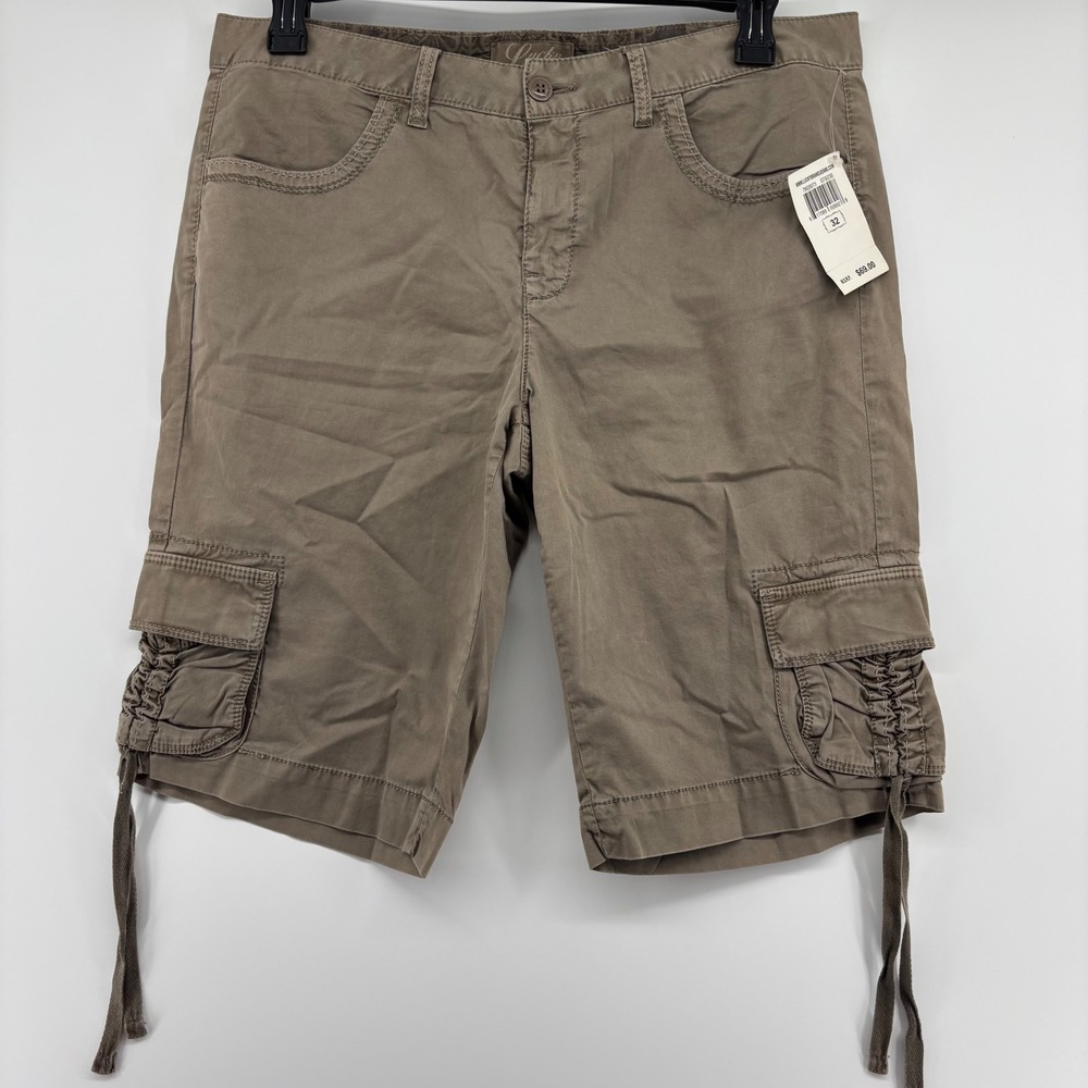 Lucky Brand Women Khaki Brown Cargo Shorts Ruched Tie Hem Size 14 32 NEW 7W20073